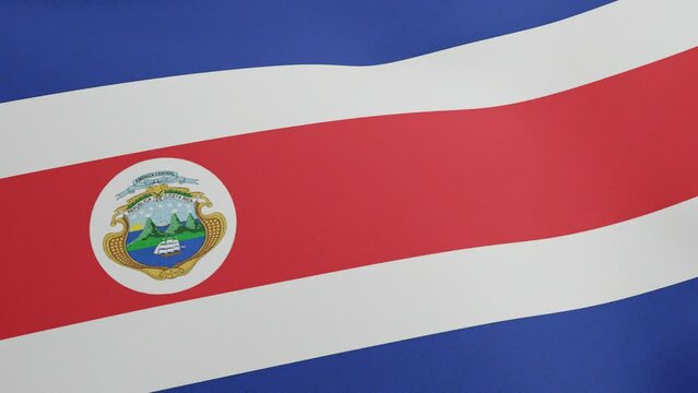 National flag of Costa Rica waving original size and colors 3D Render, Republic of Costa Rica flag textile, designed by Pacifica Fernandez and includes coat of arms of Costa Rica