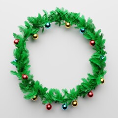 Christmas garland pine decoration with empty space in the middle on white background. Xmas holiday culture and new year concept. 3D illustration rendering
