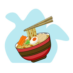 Beef noodles and egg with curry, Use chopstick pick noodles up vector illustration