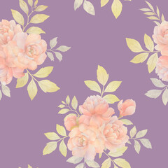 Seamless botanical ornament. Watercolor peony flowers collected in a seamless pattern. An elegant bouquet of peony flowers with delicate leaves on a bright background.