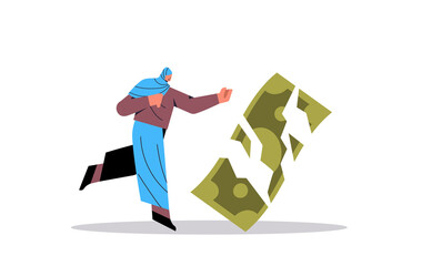 arab businesswoman with broken paper banknote financial crisis bankruptcy concept