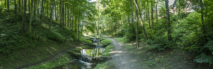 beautiful summer in a city park with cascade stream among green trees on a sunny day. panoramic...