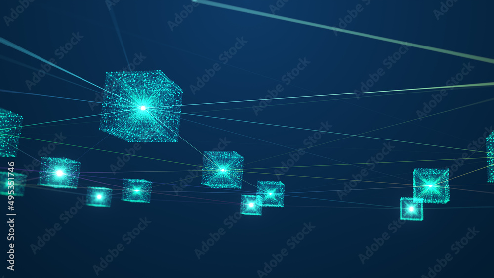 Poster blockchain network concept. isometric digital blocks square code big data connection with distribute