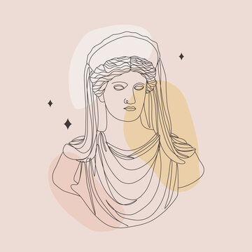 Ancient greek sculpture. Linear head of Demeter. Goddess antique statue. Trendy vector illustration in one line drawing style. Minimalist female bust with abstract shapes.