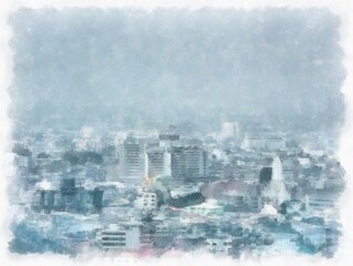 Bangkok city landscape Thailand watercolor style illustration impressionist painting.