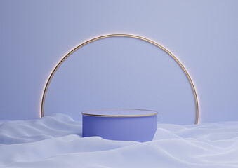 Light, pastel blue 3D rendering luxurious product display podium or stand minimal composition with golden arch line in background and light