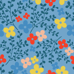 Baby Blue with yellow, pink and red simple flowers and their branches seamless pattern background design.