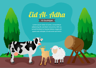 Islamic design illustration concept for Happy eid al adha or sacrifice celebration event with people character for banner