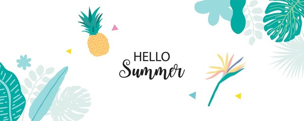 hello summer sale background with leaf and pineapple © piixypeach