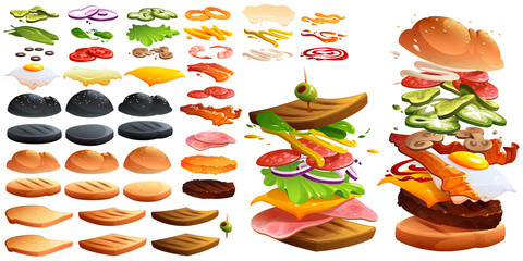 Flying burger and sandwich and ingredients. Fastfood constructor with buns, bread toasts, cheese, vegetable slices, patty and sauces. Vector cartoon set of tomato, bacon, salad, onion, ketchup, egg - obrazy, fototapety, plakaty