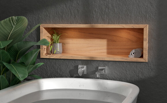 wood shelf on concrete cement wall in natural bathroom with calathea lutea plant