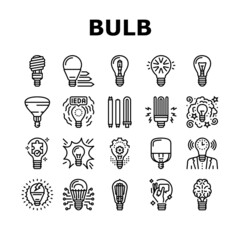 Bulb Electrical Energy Accessory Icons Set Vector. Halogen Fluorescent Shining Lamp Light Bulb Electric Device, Power Glowing Bright Ray. Brainstorming And Business Idea Black Contour Illustrations