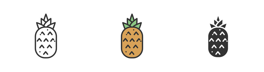 Simple minimalism pineapple in three variations. Outline, colorful and glyph vector flat illustration