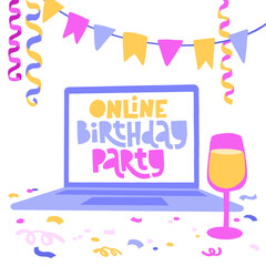 Online birthday party. Online celebration event concept.