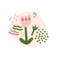 childlike floral cute design in trendy hand drawn flat style for baby greeting card and invitation.