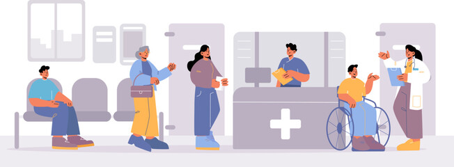 Patients characters waiting doctor appointment in hospital hallway with reception desk. Sick people sitting in clinic corridor, Health care and medicine service concept, Line art vector illustration