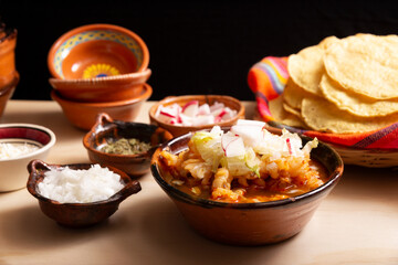 Pozole Rojo. Traditional mexican stew very popular in mexico and neighboring countries. Made from cacahuazintle with meat and various other ingredients depending on the region.
