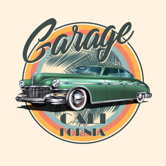 Garage vintage label.Retro car on palm trees background.California typography for t-shirt print.
