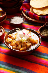 Pozole Rojo. Traditional mexican stew very popular in mexico and neighboring countries. Made from cacahuazintle with meat and various other ingredients depending on the region.