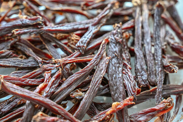 Dried beef meat in close-up.