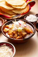 Pozole Rojo. Traditional mexican stew very popular in mexico and neighboring countries. Made from cacahuazintle with meat and various other ingredients depending on the region.