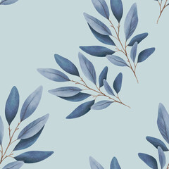 Hand Drawing Watercolor Abstract Leaves Seamless Pattern isolated on blue background. Use for poster, card, template, print, design, textile, fabric, packaging, interior, wedding, invitation