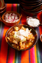 Pozole Rojo. Traditional mexican stew very popular in mexico and neighboring countries. Made from cacahuazintle with meat and various other ingredients depending on the region.