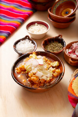 Pozole Rojo. Traditional mexican stew very popular in mexico and neighboring countries. Made from cacahuazintle with meat and various other ingredients depending on the region.