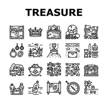 Treasure Golden Jewels In Chest Icons Set Vector. Pirate Gold And Skull, Gemstone And Jewelry Accessories, Leprechaun And Compass Equipment For Searching Treasure Black Contour Illustrations