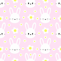 Seamless pattern of cute rabbits on yellow background with flowers. Vector.	