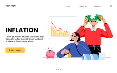 Inflation landing page, bankruptcy, financial crisis, money loss concept. Sad man and woman with broken piggy bank, torn dollar currency, bill and drop chart, Cartoon line art flat vector web banner