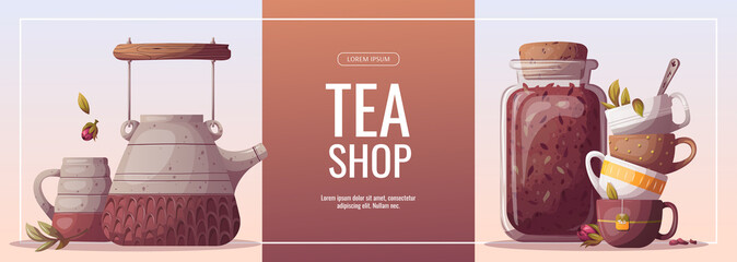 Jar of loose tea, teacups and pottery teapot. Tea shop, cafe-bar, tea lover, tea party, beverages, kitchen concept. Vector illustration for poster, banner, flyer, menu, advertising. 