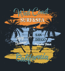 California typography for t-shirt print with surf,beach and  girl carrying  surfboard.Vintage poster.