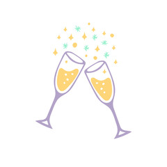 glasses with champagne and snowflakes icon. hand drawn doodle style. vector, minimalism. holiday, party, new year, holiday, cheers.