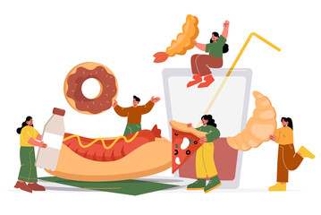 Fast food, unhealthy junk meal concept. Vector flat illustration of people holding big donat, pizza, croissant, hot dog, shrimp and glass with cola. Fastfood restaurant background