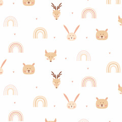 Childish seamless pattern with cute forest animals. Children's boho style. Hand drawn pattern with fox, hare, deer, bear. © Евгения Крупель