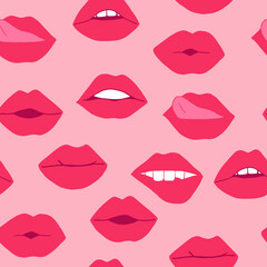 lips with pink lipstick seamless pattern. mouth vector illustration hand drawn in cartoon style.
