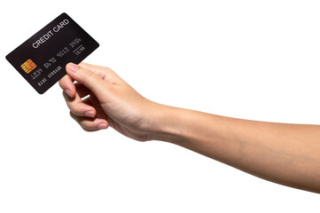 Woman hand holds black credit card isolated on white background.