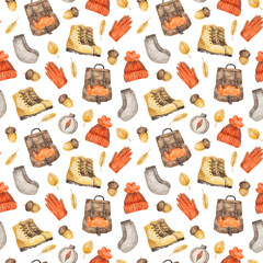 Watercolor seamless pattern with autumn clothes for hiking, yellow leaves and acorns on white background
