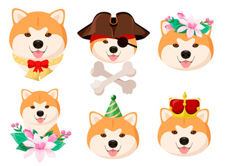 Obraz na płótnie Canvas A set of funny Akita Inu dogs on a white background. Cartoon design. 