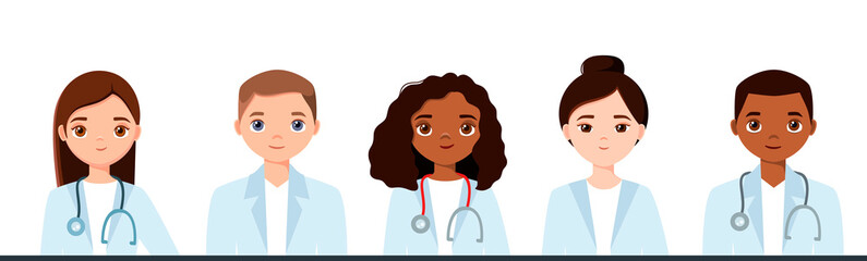 A set of doctors of different races on a white background. Cartoon design.