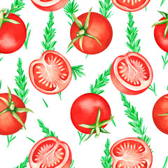 Seamless pattern. Tomatoes and rosemary. Watercolor illustration. Isolated on a white background.