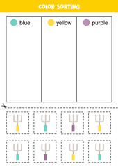 Sort garden forks by colors. Learning colors for children.