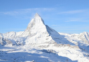 Matterhorn Mountain peak covered in snow during Christmas in Zermatt, Switzerland