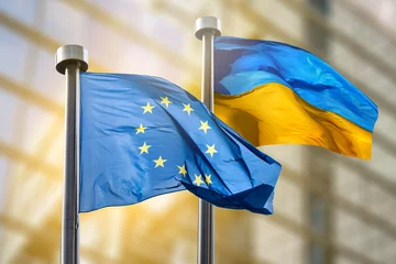 Deurstickers Kiev Flags of European Union and Ukraine