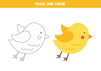 Trace and color cute cartoon bird. Worksheet for children.