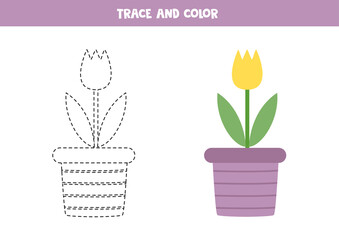 Trace and color cute tulip on pot. Worksheet for children.