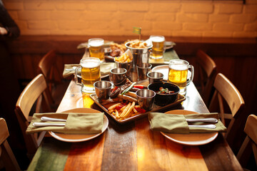 Table set with beer and salty snacks in a pub