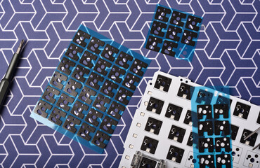 Disassembly mechanical keyboard, Modified custom keyboard with PCB switch pad stickers for adjust...