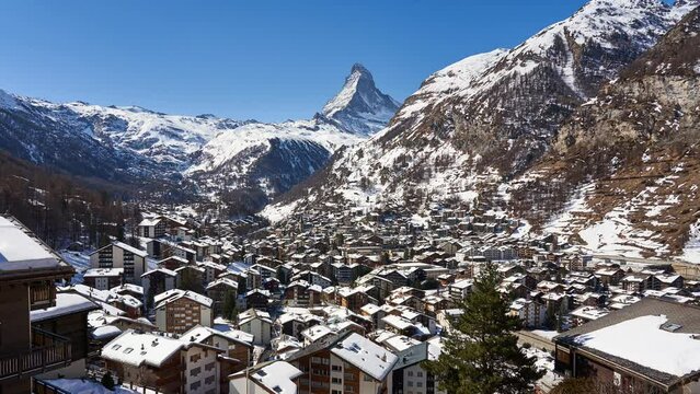 Panning timelapse over Zermatt with a view of the Matterhorn. Switzerland